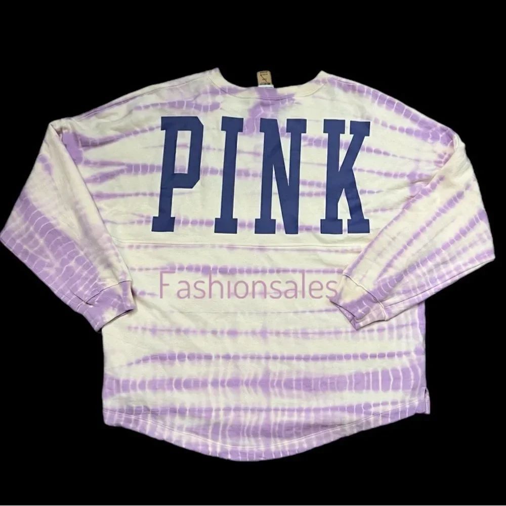 Victorias Secret Pink Varsity Crew Sweatshirt purple cream tie dye pullover